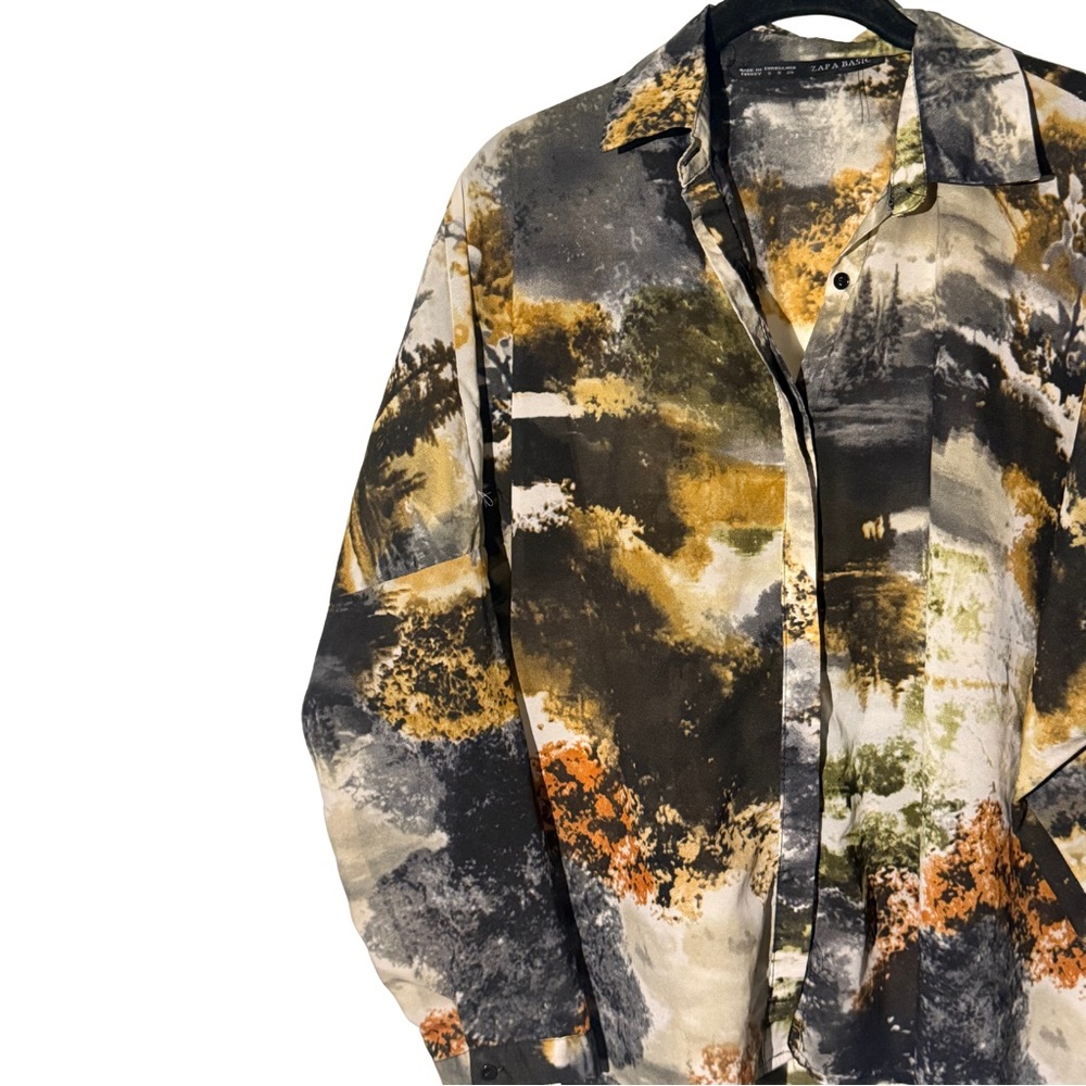 Zara Basic Earthy Forest Print Button Up Top Size… - image 2